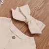 Pudcoco nyfödd baby flicka kläder outfit långärmad fast stickning romper topp fluga ärm långa byxor jumpsuit randig uppsättning LJ201223