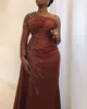 Plus Size Arabski Syrenka Prom Dresses One Ramię Z Długim Rękawem Wysokiej Dress Dress Party Wear Sweep Satin Suknie