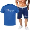 Survêtement pour hommes 2 pièces ensembles été solide sport costume hawaïen à manches courtes t-shirt et short décontracté mode homme vêtements marque logo imprimer