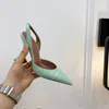 2022Fashion-جنسي سيدة عارضة مصمم النساء الصنادل الأخضر جلد طبيعي أحذية السيدات الخنجر عالية الكعب slingback zapatillas
