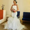 2021 Modern African Wedding Dress Mermaid Style Strapless Ruffles Tulle Skirt Crystal Big Bow Satin Bridal Dress Plus Size Women Party