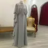 Серебро мусульманская вечернее платье с длинными рукавами шифон Дубай Абая Кафтан Формальное Пром платье High Neck Arabic Турция партии мантий