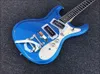 Ventuers Mosrite Metallic Blue E-Gitarre, Double-Cut-Korpusform, zwei P90-Tonabnehmer, China Bigs B-50 Vibrato, Zero Fret, Chrom-Hardware
