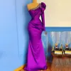 Purple Beaded Mermaid Prom Dresses met Afneembare Trein Eén schouder Lange Mouwen Plus Size Avondjurken Satijn Jurk