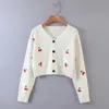 Sweet Cute Kawaii Pink Cherry Embroidery Women Autumn Knitted Cardigan Tops Chic V-neck Single-breasted Sweaters 201222