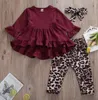 Toddler barn baby set flicka leopard outfit kläder långärmad ruffles t-shirt topp klänning + byxor set