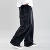 Mens Corduroy byxor Old School Multipocket last byxor manlig casual tjock baggy rak elastisk wideleg svart pant5592144