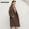 Aachoe Solid Color 100% Wełny Długi Płaszcz Kobiety Luźne Dorywczo Z Długim Rękawem Sashes Odzieży Outerwear Double Breasted Chic Lands Płaszcz 201006