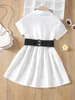 Toddler Girls Patched Pocket Grommet Lace Up Belted Shirt Dress SHE