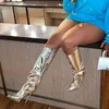 Metallic Leer Vrouwen Knie Hoge Laarzen Stiletto Hakken Puntschoen Mode Vrouwelijke Partij Schoenen Nachtclub Reflecterende Mujer Laarzen 220118