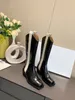 Square Toe Knight Boots Women Western Cowgirl Real Leather Chunky Heels Mixed Color Retro Slip-on V Shape Opening Boots