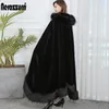 Nerazzurri black hooded cloak vintage women loose oversized long faux fur cape coat with faux fox fur trim thick warm cloak 2010297300131