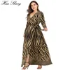 5XL 6XL Plus Size Winter Dress Long Sleeve Women V Neck Striped Leopard Print Casual Maxi Long Dresses Belted Split Wrap Dress 201125