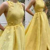 Bright Yellow Evening Dresses Lace Floral Jewel Neck Prom Gown Custom Made Floor Length Party Dresses