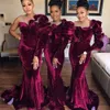 2021 Burgundy Velvet Mermaid Bridesmaid Dresses Jewel Neck Ruffle Crystal Beads Long Sleeve Party Wedding Guest Gowns Maid Of Honor Dress