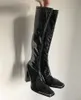 Nuevas botas hasta la rodilla de charol negro para mujer, botas largas de tacón alto grueso con punta cuadrada de Metal, zapatos de fiesta de invierno, botas para mujer