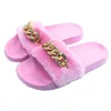 Kvinnor Furry Home Slipper Fashion Diamond Shiny Pink Slippers EU 3641 Big Size Autumn Nonslip House Casual tofflor Y200106