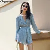 Mode V-Neck Sommar Kvinnors Lång Lnatern Sleeve Blommor Tryckted Blå Jumpsuit High Waist Sashes Chiffon Romper Overaller Kvinna T200704