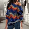Aachoae Women Blouses Off Shoulder Tops Striped Print Pullover Jumper Casual Knitted Top Long Sleeve Blouse Shirt Camiseta Mujer LJ200831