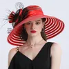 Elegant Women Feather Flower Striped Kentucky Derby Hat 16cm Wide Brim Church Dress Sun Hat Lady Summer Beach Party Wedding Hat Y25315149