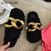 Suojialun Marka Design Kobiety Slipper Fashion Gold Chain Slip On Mules Buty Winter Ciepłe Lambswaol Slides Casual Flat Flip Flop Y201026