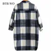BTBWO Za, abrigo de lana a cuadros largo suelto para mujer, bolsillos de manga larga Vintage, prendas de vestir exteriores para mujer, abrigo elegante 201215