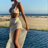 Cryptographic Crochet Beach Maxi Sukienka dla Kobiet Przeglądaj Seksowne Plunge Backless Bandaż Bez Rękawów Sznurowanie Podziel Długie Suknie Y0118