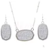 Oval Style Resin Drusy Druzy Silver Necklace Earings Luxury Designer Jewelry Set For Women Wedding Party Gift Christmas B9S5G