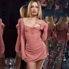 BoozRey Sexy Lace Up Maille Creuse Mini Robe Pour Femmes Night Club Party Robe Moulante Coupe Basse Halter Solide À Manches Longues Robe Rose Y220214