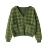 Fuzzy groen geruit vest met voorste knop vrouwen bijgesneden vest sweater / 201224