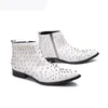 Homens Luxo Moda Moda Botas de Couro Genuíno Nightclub Nightclub Vestido Branco Sapatos apontados de Oxford Homens Party Rebites Botas