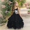 2021 robes de fille de fleur bohème noir pour les mariages en mousseline de soie une ligne filles robe de reconstitution historique longueur de plancher enfants robe de communion d'anniversaire