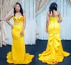 Yellow Mermaid African Prom Dresses Sexy Sweetheart Off The Shoulder Satin Plus Size Evening Dress Ruffles Party Gowns