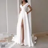 Lässige Kleider Sexy V-Ausschnitt Kurzarm Prom Hochzeit Weiß Kleid Nachtclub Abend Party Frauen Elegant Schlitz Lange Maxi 2022