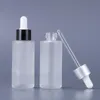 Classic 20ml 30ml Frostat Clear Droppers Flaskor Ögon Essentiell Oljeserum Glasflaska Med Svart Silver Dropper