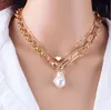 Ny design pärlkedja choker halsband kvinnor barock pärla hjärta charm hängande halsband chocker kedjor guld silver färg smycken