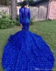 NOVO!!! 2022 elegante Royal azul mangas compridas lace sereia vestidos de baile tulle applique frisado 3D Floral chão comprimento noite vestidos de festa cg001