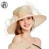 FS Beige Bianco Organza Cappelli da sole a tesa larga per le donne Cappelli da chiesa estivi Donna Elegante cappello Kentucky Derby da donna Fedora con fiocco grande Y200602