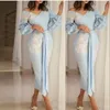 Tea Length Light Sky Blue Mother Of The Bride Dresses Off The Shoulder Evening Dresses With Long Sleeves Appliques Party Gowns Pro206Q