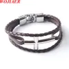 WOJIAER Stainless Steel Cross Charm Leather Bracelet for Men Multi-layer Black Rope Braided Bracelets Fit Jewelry Gift BC013