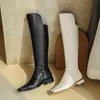 Boots White Square Toe Flat Knee-high Pleated Zip Long Tube Women Shoes Riding Equestrian Cow Leather 2021 Fall Winter 3cm1