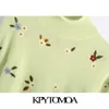 KPYTOMOA Donne Moda Ricamo Floreale Ritagliata Maglione Lavorato A Maglia Vintage Collo Alto Manica Lunga Femminile Pullover Chic Top 201221