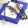 Mens Beckham Cross Pendant Black Rosary Beads Necklace