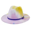 Chapeau Fedora de couleur imprimé Tie Dye, tendance, pour femmes, filles, hommes et garçons, robe unisexe, casquette de Jazz en feutre, ceinture bleue Docor326L