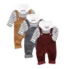 Autunno neonato vestiti manica lunga a righe felpa con cappuccio + pantaloni con cinturino pantaloni casual set di vestiti per bambini LJ201202