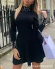 WEPBEL Perle Décorée Femmes Robe Mode Élégant Noir Dot Col Roulé Taille Haute Robe De Soirée Slim Fit À Manches Longues Mini Robe Y0118
