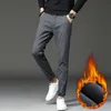 Winter Men's Warm Casual Pants Business Fashion Slim Fit Stretch Thicken Trousers Male Brand Khaki Navy Gray Pants 201128