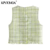 KPYTOMOA Kvinnor Sweet Fashion Frayed Tassel Tweed Plaid WaistCoat Vintage V Neck ärmlös kvinnlig väst Ytterkläder Chic Tops 201031