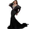 Sexig svart sjöjungfrun kvällsklänningar långärmad 2022 Appliqued Lace Illusion High Neck Prom Party Gowns Ruched Special Occasion Dress