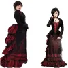 ビンテージゴシックブラックとダークレッドフォーマルイブニングドレス長袖フリルRuched Corset Prom Gowns Medieval Victorian Masquerade Specialct Dress